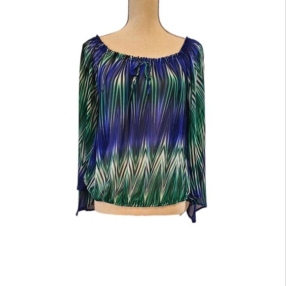 NWOT Mandee Sheer Blue & Green Striped Top - Picture 1 of 4